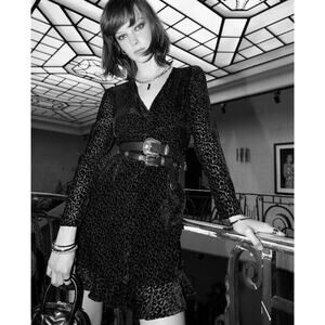 THE KOOPLES Velvet Dress Flocked Leopard Long Sleeve Black V-Neck Buttons Large